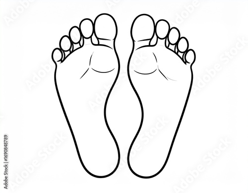 A simple black and white line drawing of the soles of two human feet, representing anatomy, podiatry, or a foot reflexology chart