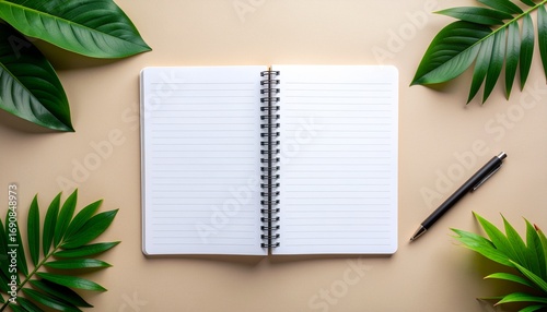 Open Notebook, Pen, Tropical Leaves, Beige Background, Flatlay