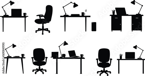 Silhouette office desk setups, ergonomic chairs, modern workspace furniture, desk lamps, laptops, coffee mugs, books, plants, creative workstations, business interiors