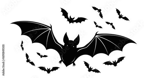 Silhouette Bat Swarm Isolated on White Halloween Decoration