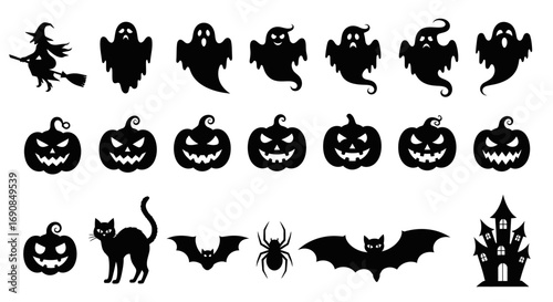 Halloween Icon Set Spooky Elements Witch Cat Spider Pumpkin Ghost Bat Castle