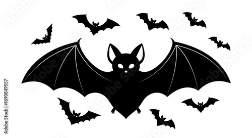 Spooky black bats flying silhouettes isolated on white background for Halloween