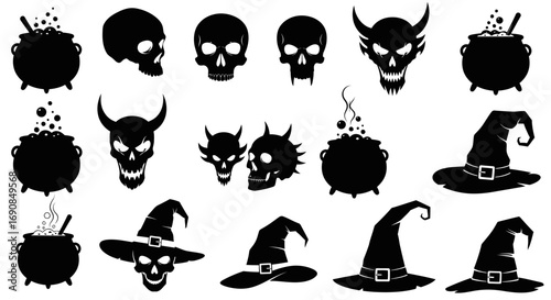 Silhouetted Halloween Icon Set Spooky Skulls Witch Hat Cauldrons Black and White