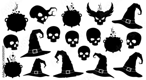 Spooky Silhouettes Halloween Elements Skulls Witches Hats and Cauldrons