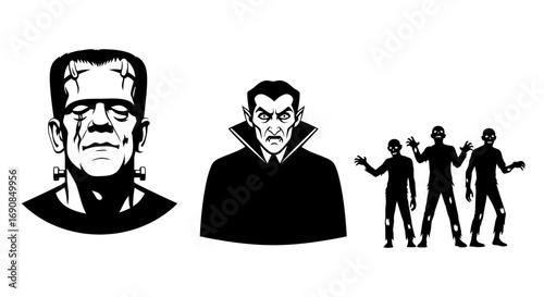 Spooky Halloween Monsters Characters Silhouettes Icon set
