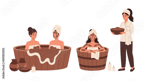 Relaxing spa experience with women enjoying warm baths and a therapist serving herbal treatments for ultimate rejuvenation and wellness
