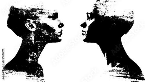 Grunge black and white mirror portrait silhouettes for artistic urban decor