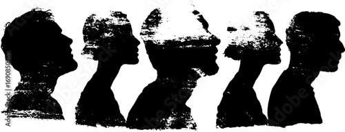 Grunge black and white silhouette set of side profiles for creative design projects