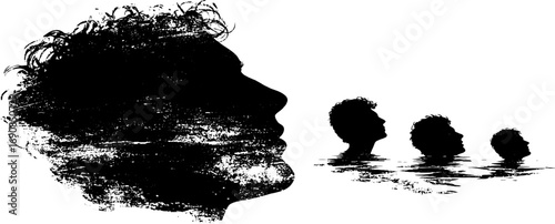 Grunge black and white reflection silhouette set for artistic design