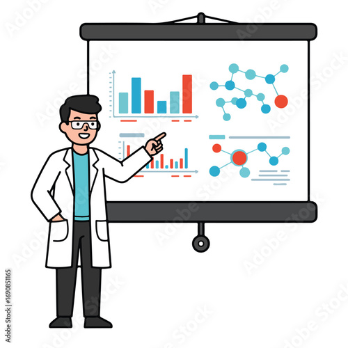 A person in a lab coat points at a presentation screen with graphs and diagrams