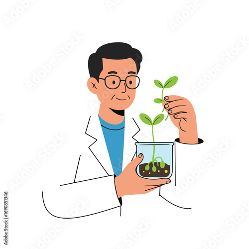 A scientist in a lab coat holds a glass jar with sprouting plants He also holds leaves