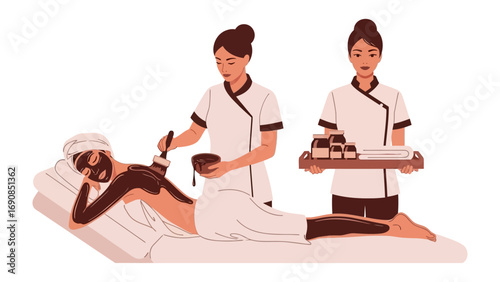 Two skilled spa therapists providing a luxurious chocolate body wrap treatment to a relaxed client on a massage table with products