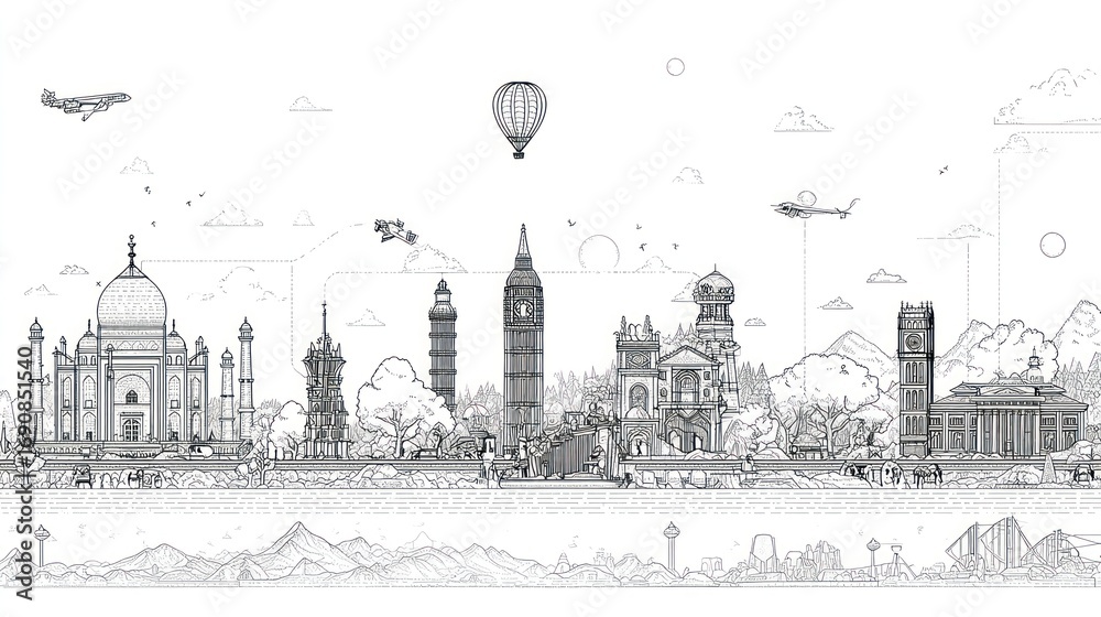 Fototapeta premium Line art showcases global landmarks, hills, plane, balloon, and helicopter on white