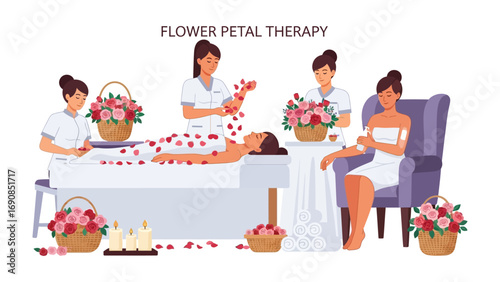 Relaxing flower petal therapy session with multiple therapists applying delicate rose petals to a reclining client
