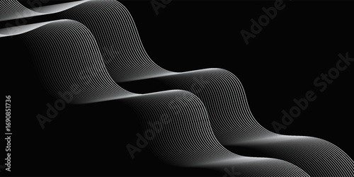 Black abstract background design. Modern wavy line pattern in monochrome colors. Premium stripe texture for banner, business backdrop. Dark horizontal vector template