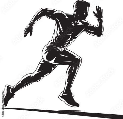 Dynamic silhouette of a muscular male athlete in full sprint motion ready for competition