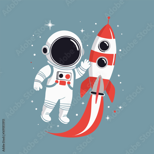 A playful depiction of a cute astronaut in a bright spacesuit, launching from a launchpad with a trail of sparkles, while holding a telescope aimed at Mars, ready for adventure.