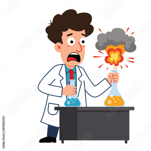 A scientist panics as a lab experiment explodes A flask erupts releasing smoke and fire He wears a lab coat