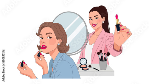 Two young women applying makeup and lipstick in front of a mirror with makeup brushes and tools on a table