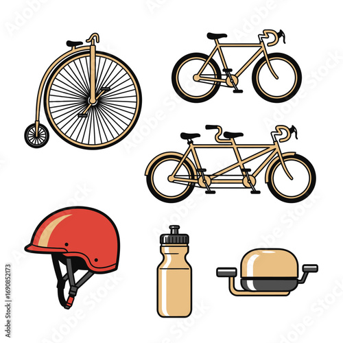 Bold outlined vector graphics of retro bicycles. This collection includes a classic road bike, tandem bicycle, and accessories. Ideal for scalable design assets.