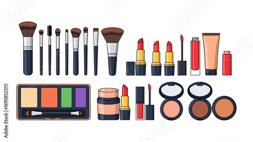 A vibrant collection of makeup brushes lipsticks eyeshadows blush and foundation tubes arranged neatly on a white background for beauty and cosmetic advertising