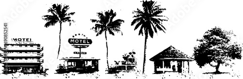 Vintage black and white grunge motel and tropical scene for urban design projects