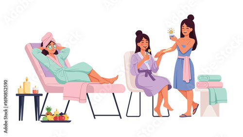 Relaxing spa day with two women enjoying beauty treatments and a therapist providing a manicure in a serene salon environment