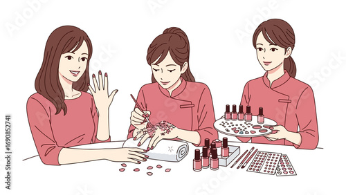 Three women at a table receiving and giving manicures with nail polish bottles and tools in a salon setting illustration