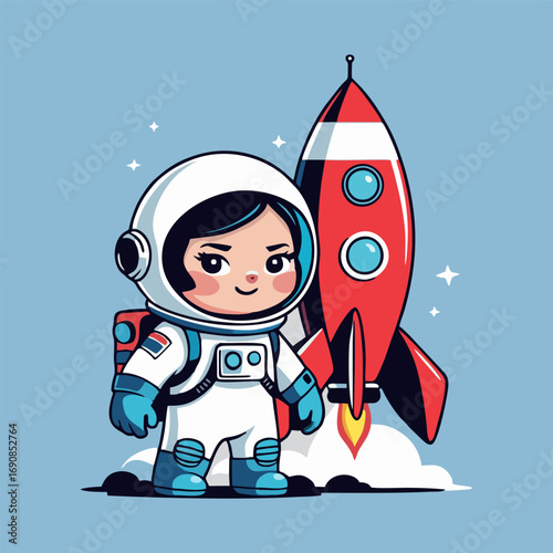 An adorable scene featuring a cheerful astronaut peeking out of the rocket's window, holding a tiny Martian flag, with a vibrant Mars getting larger in the foreground and playful comets zooming by.