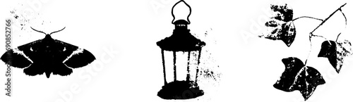 Grunge black and white moth and lantern illustration set for vintage designs