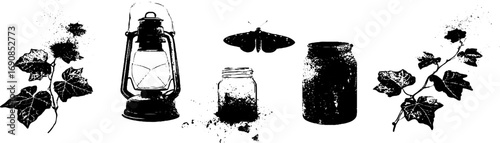 Rustic black and white grunge set featuring moth, lantern, jars, and ivy elements for vintage decor