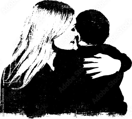 Grunge black and white mother and child illustration for vintage design