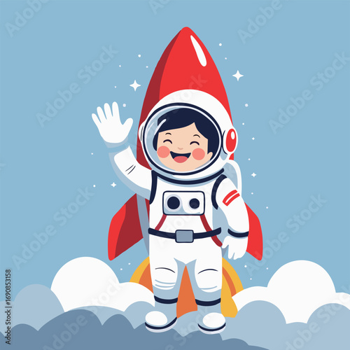 A playful depiction of a cute astronaut in a bright spacesuit giving a thumbs-up from the rocket's cockpit, with the red surface of Mars visible ahead, and colorful space creatures waving goodbye.