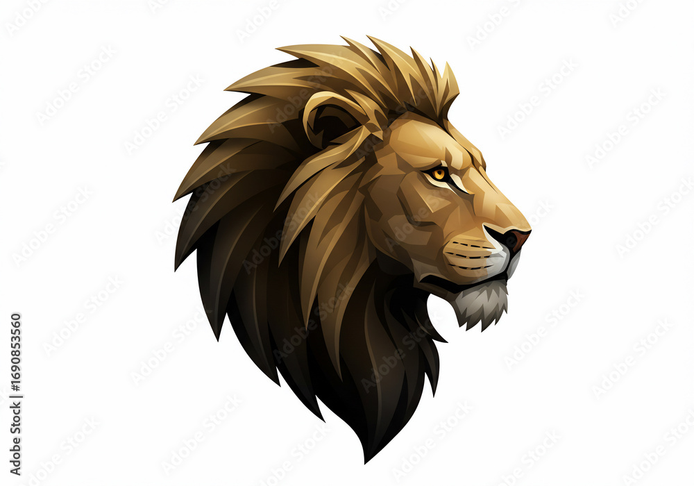 Fototapeta premium Illustration of a majestic lion's head in profile, showcasing its golden mane and intense gaze against a white background.