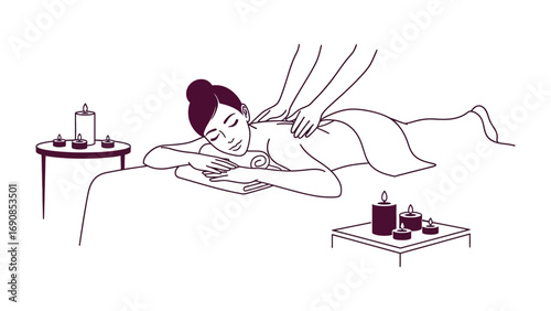Relaxing spa massage therapy session with a woman receiving a back rub from a masseuse in a serene wellness environment