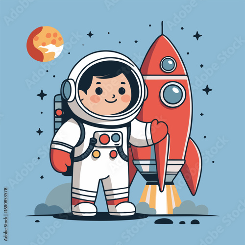An adorable scene showing a cheerful astronaut floating inside a cozy rocket, surrounded by space-themed decorations, eagerly gazing out at the red planet Mars getting closer.