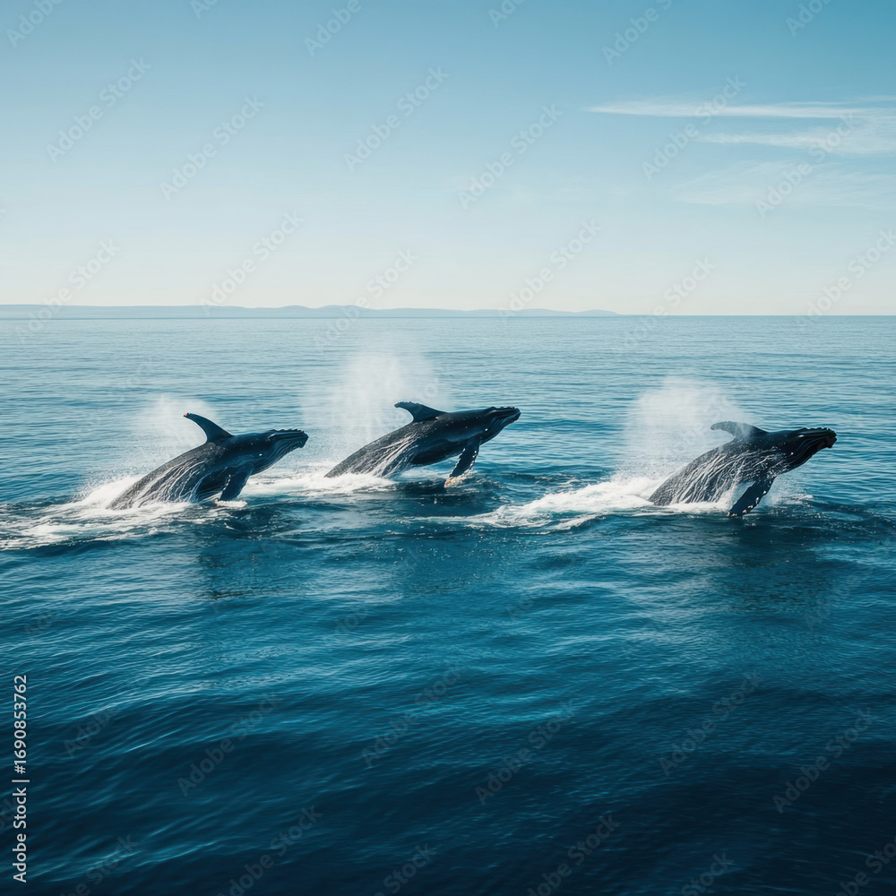 Fototapeta premium Whales Leaping Through The Ocean: Three majestic whales breach the surface of the deep blue ocean, their powerful bodies suspended mid-air against a bright, cloudless sky.
