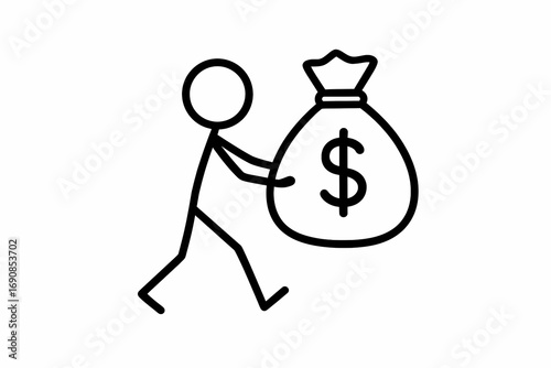 stick man carrying a money bag. concept of getting good fortune