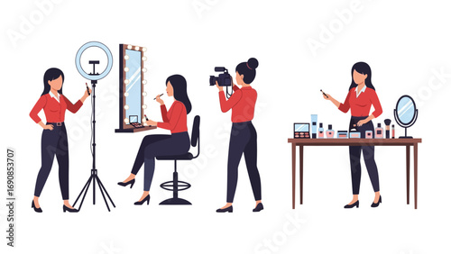 Three women demonstrating makeup application and filming content with ring light and camera for social media beauty tutorials