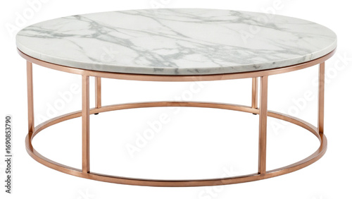 Elegant round coffee table featuring marble top and sleek metal frame. combination of marble and metal creates modern aesthetic, perfect for contemporary living spaces