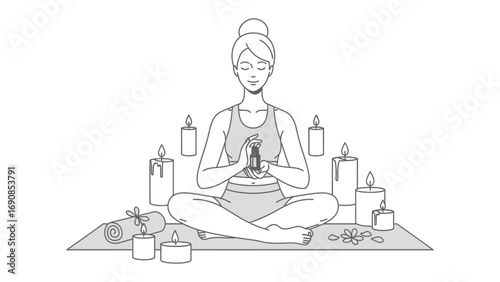 Meditating person with hands clasped in prayer surrounded by numerous lit candles and herbs on a mat in a spiritual ritual
