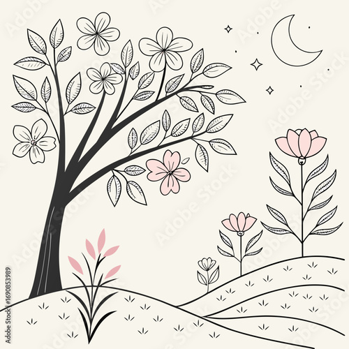 Whimsical hand drawn night garden with blooming flowers and crescent moon