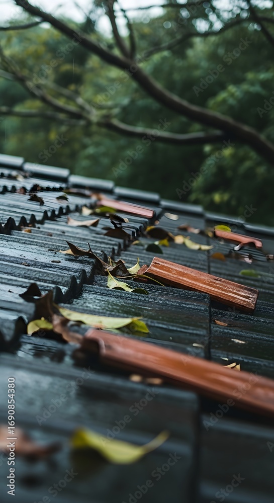 Obraz premium Textured Roof Tiles with Scattered Wet Leaves