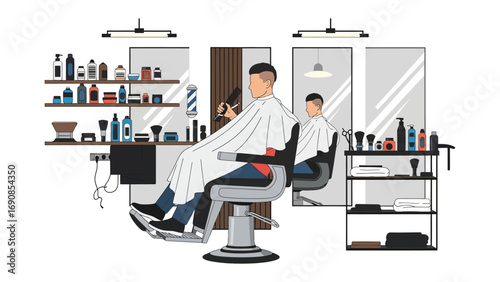 Modern barber shop interior scene with a barber giving a haircut to a client in a chair surrounded by products