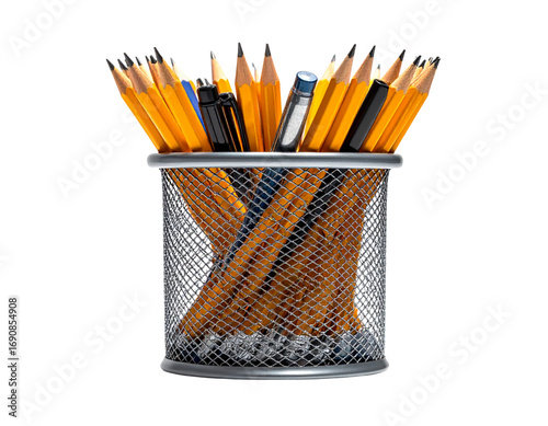 Fantasy Floating Metal Pencil Holder with Glowing School Icons – Surreal PNG