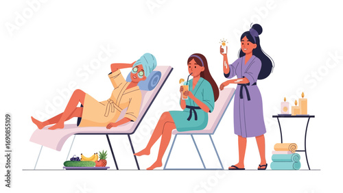 Relaxed women enjoying spa treatments with therapist applying product to one client in a serene wellness center setting