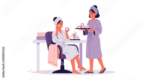 Young woman in bathrobe and towel enjoying skincare routine while attendant brings tray with beauty products and tea for relaxation