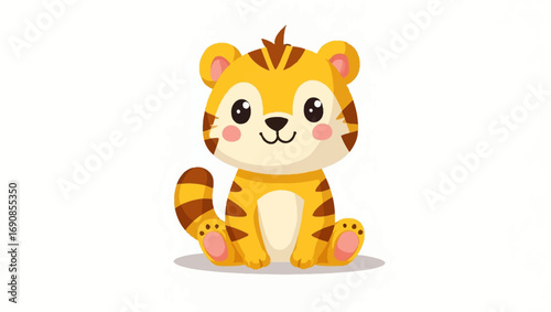 Cartoon illustration of a cute baby tiger sitting on a white background.