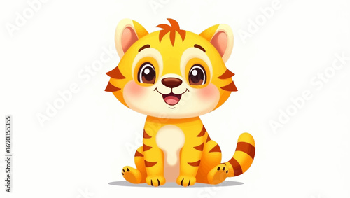 An adorable baby animal illustration featuring a cute little tiger cub sitting peacefully with a heartwarming smile, perfect for children's books, educational materials, and whimsical design projects