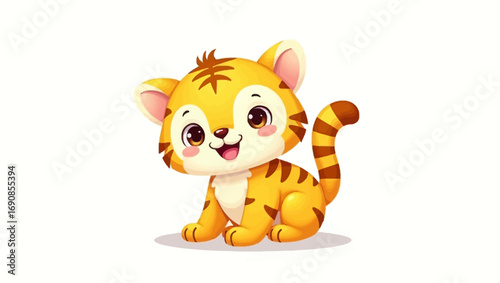 Cute Cartoon Tiger Cub with Stripes and Rosy Cheeks on White Background, Ideal for Kid Illustrations
